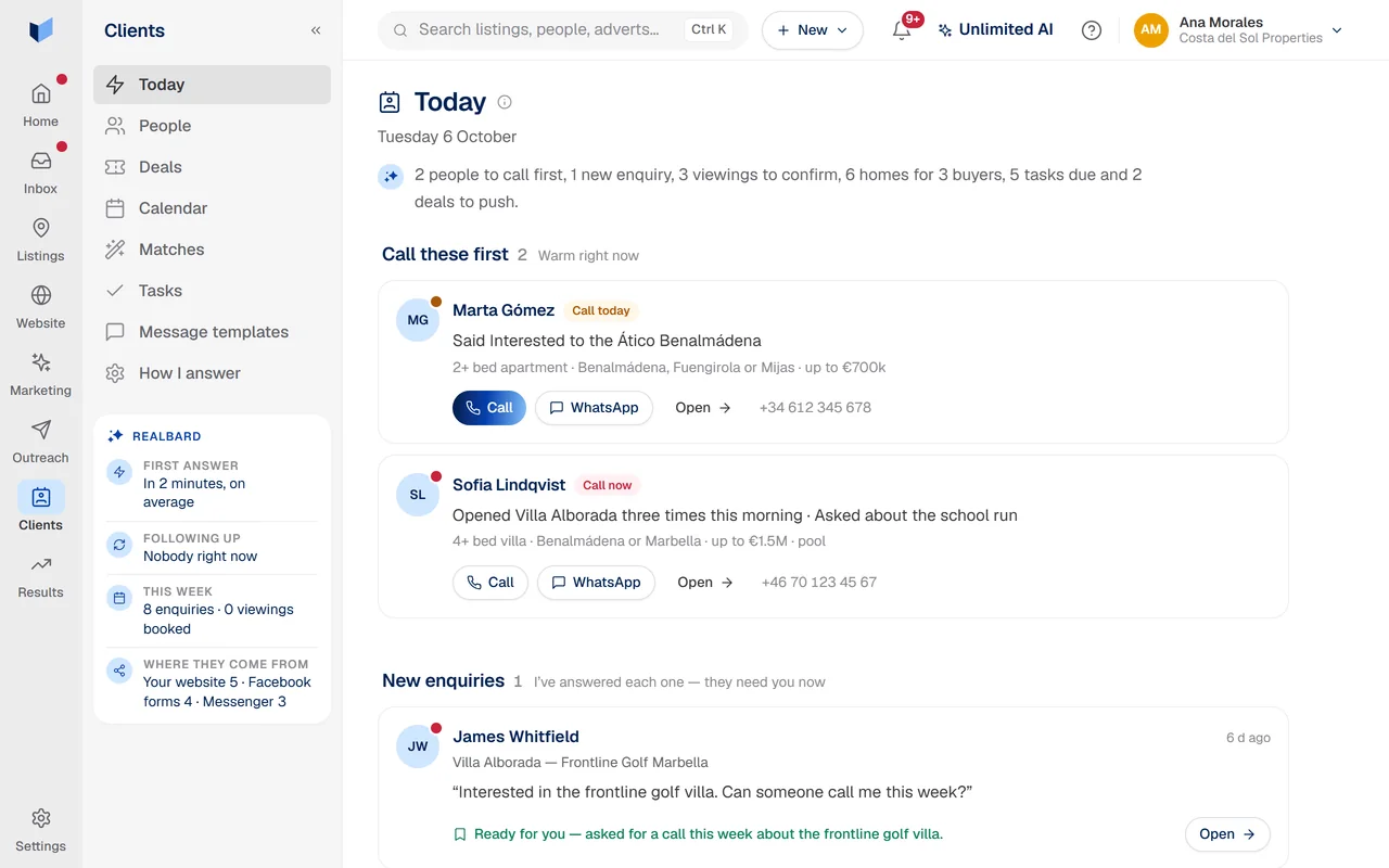 Realbard’s Clients page for today: two people to call first with Call and WhatsApp buttons, a new enquiry Realbard has already answered, and the day’s viewings.