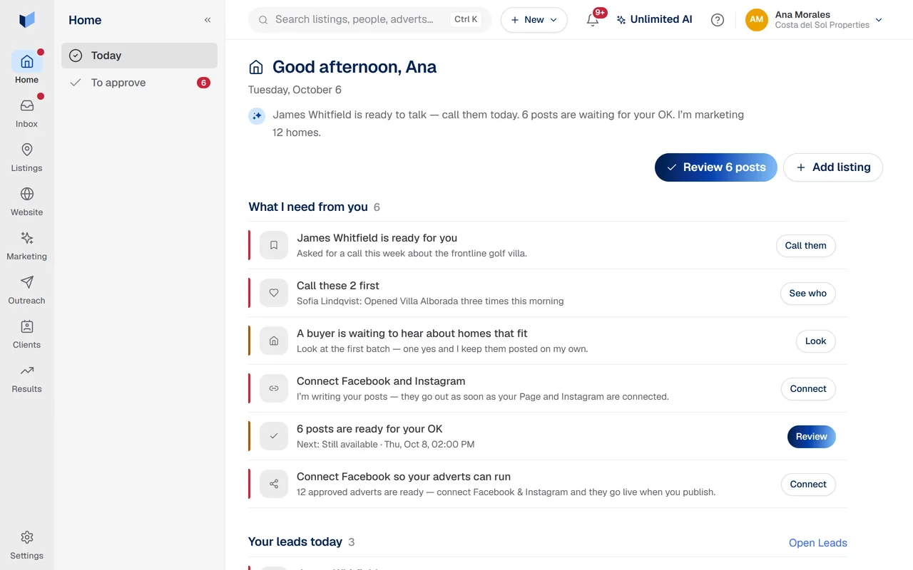 Realbard’s Home: “Good afternoon, Ana” with what Realbard needs from her today — a client ready for a call, people to call first, six posts ready for approval.