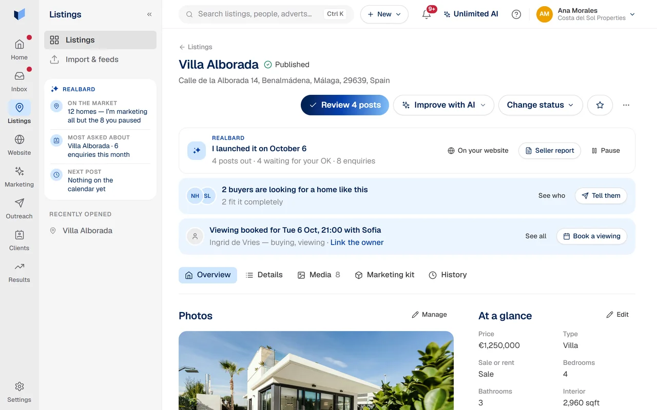 A listing’s page in Realbard: Villa Alborada, published; launched on October 6 with four posts out and four waiting for approval; two buyers looking for a home like it.