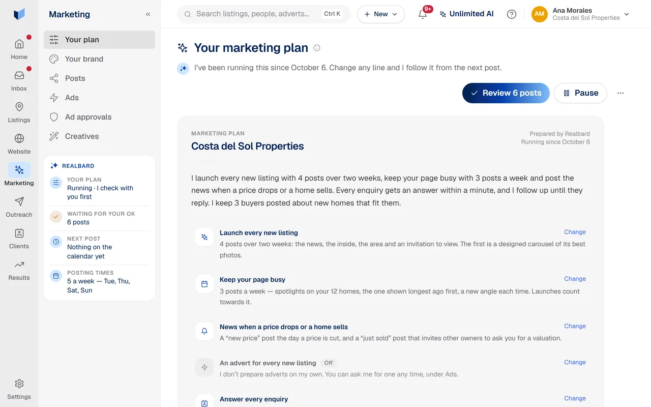 Realbard’s marketing plan as a short document: launch every new listing with four posts, keep the page busy with three posts a week, answer every enquiry within a minute — each line with a Change link.