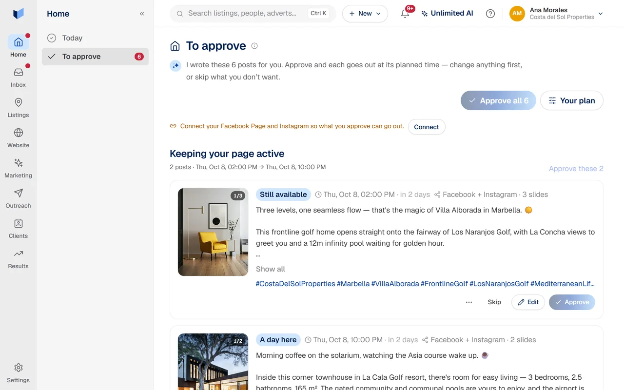 Realbard’s “To approve” queue: posts it wrote for two listings, each with its photograph, caption, planned time, and Approve, Edit and Skip buttons.