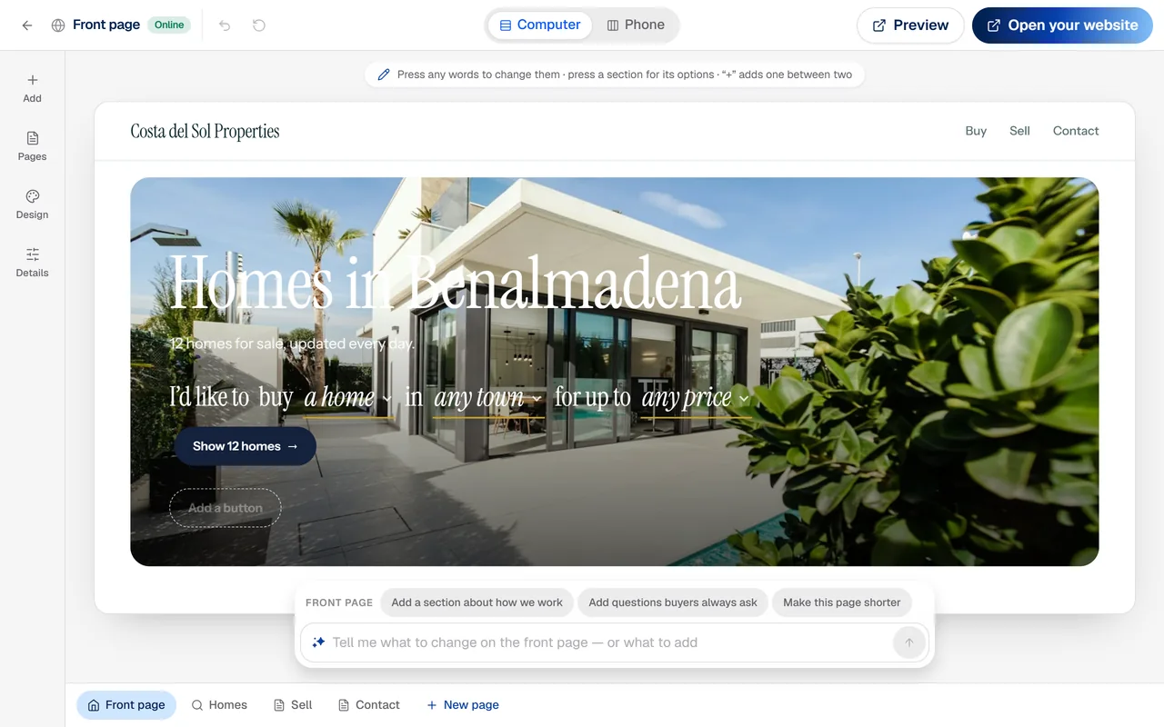 Realbard’s website editor showing an agency’s front page with a search for homes, and a box to tell Realbard what to change.